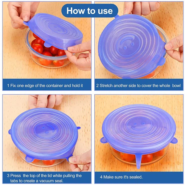 6-piece reusable silicone stretch lids for bowls, plates, and containers, keeping food fresh, spill-free, and eco-friendly