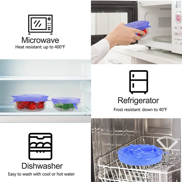 6-piece reusable silicone stretch lids for bowls, plates, and containers, keeping food fresh, spill-free, and eco-friendly