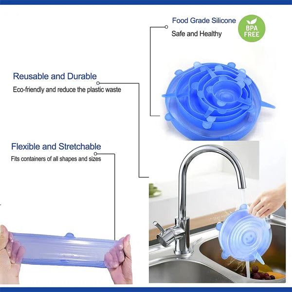 6-piece reusable silicone stretch lids for bowls, plates, and containers, keeping food fresh, spill-free, and eco-friendly