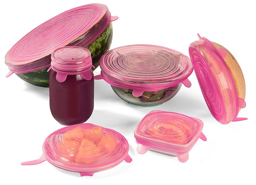 6-piece reusable silicone stretch lids for bowls, plates, and containers, keeping food fresh, spill-free, and eco-friendly