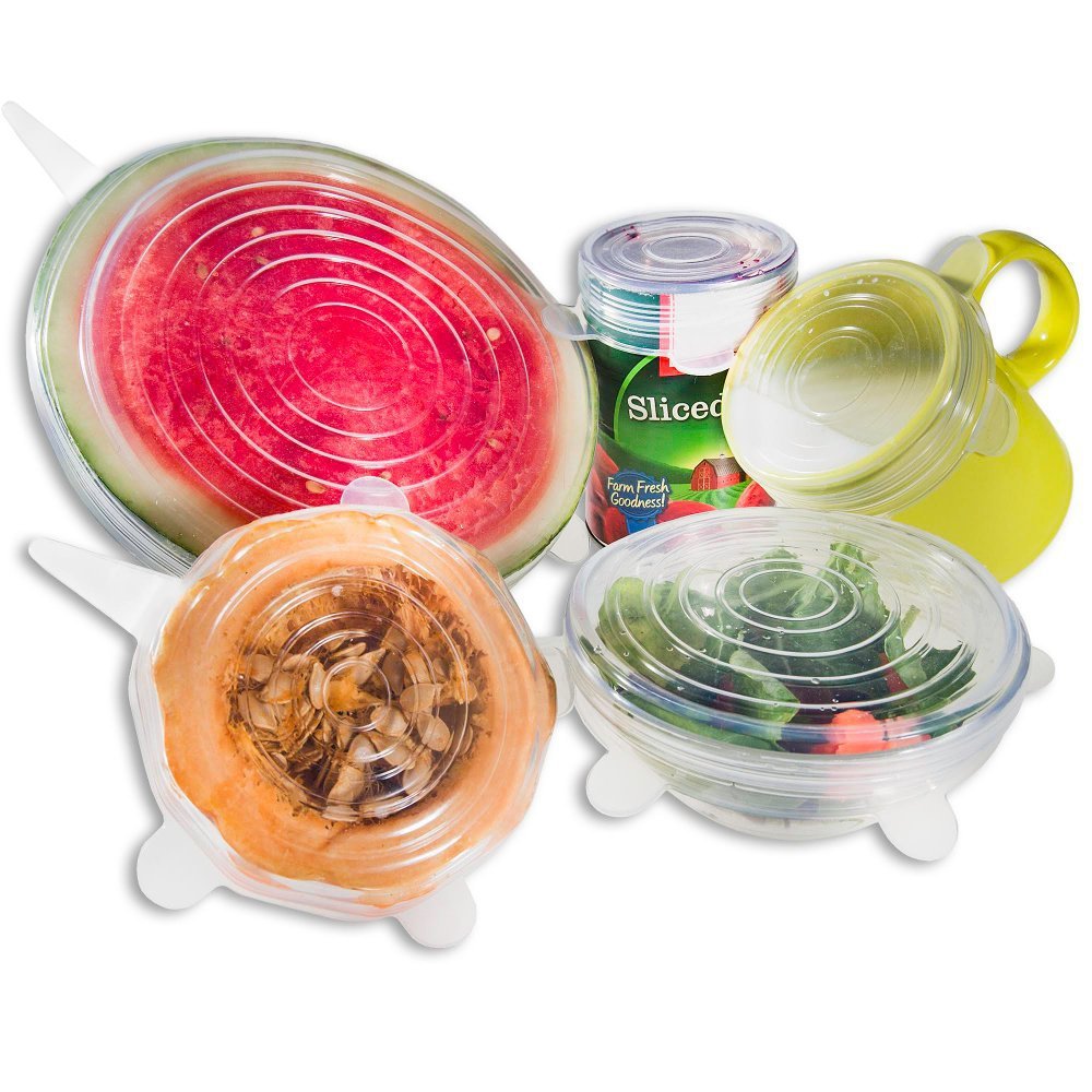 6-piece reusable silicone stretch lids for bowls, plates, and containers, keeping food fresh, spill-free, and eco-friendly
