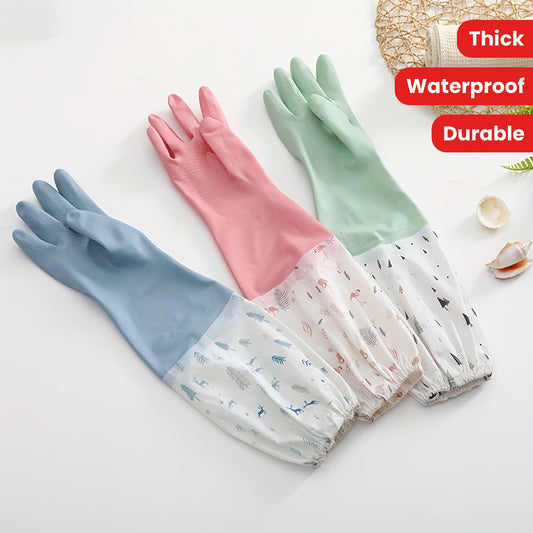 Long reusable dishwashing gloves with warm fleece lining, waterproof, heat-resistant, anti-slip for kitchen and laundry use.