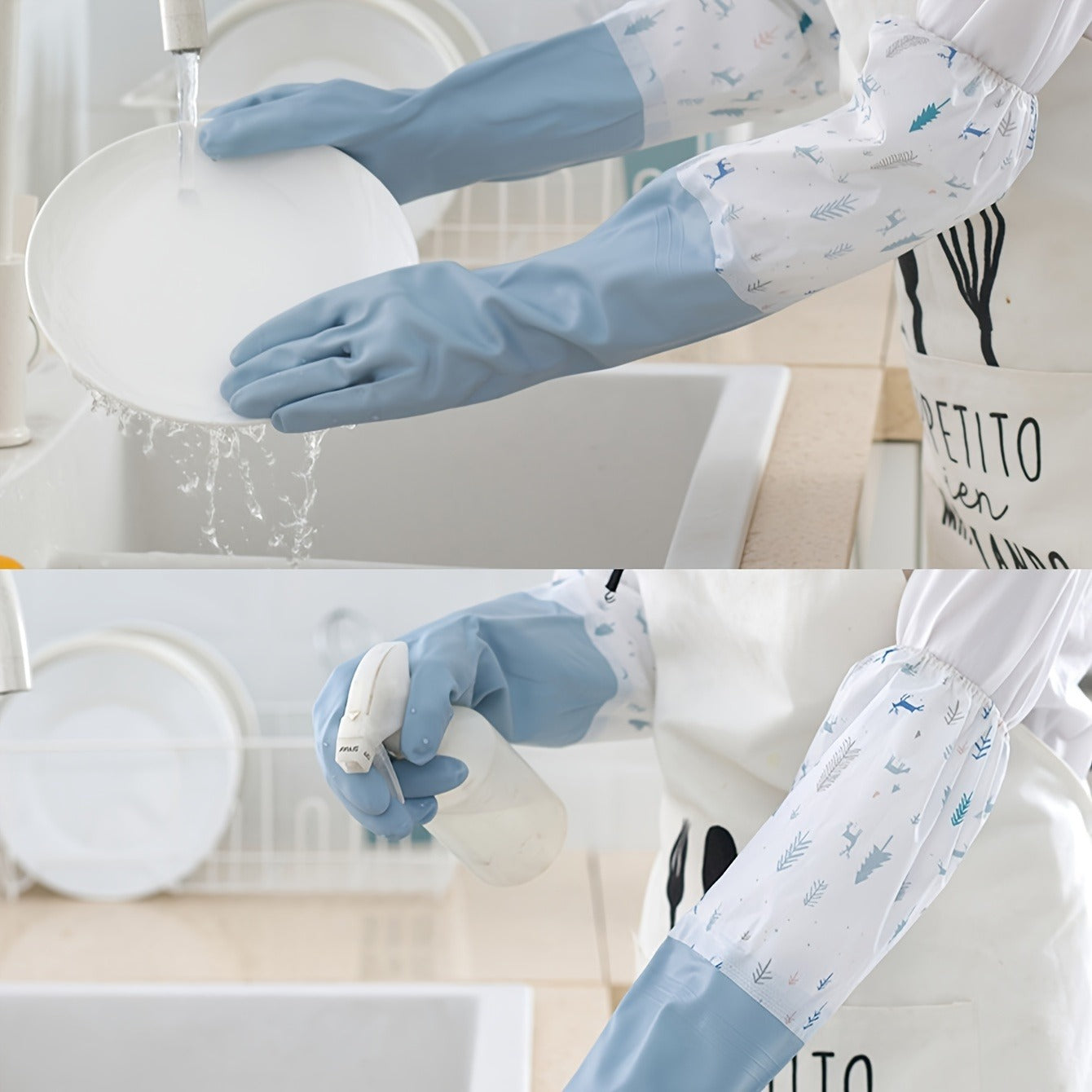 Long reusable dishwashing gloves with warm fleece lining, waterproof, heat-resistant, anti-slip for kitchen and laundry use.