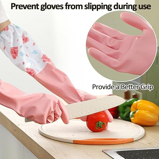 Long reusable dishwashing gloves with warm fleece lining, waterproof, heat-resistant, anti-slip for kitchen and laundry use.