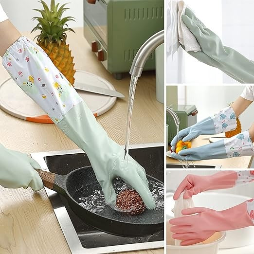 Long Reusable Dishwashing Gloves with Warm Fleece Lining – Waterproof Anti-Slip Rubber Cleaning Gloves | Heat-Resistant Kitchen, Laundry & Household Gloves (Random Color)