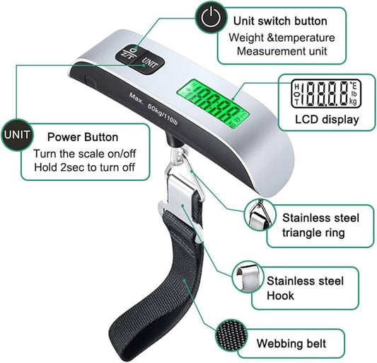 Portable digital luggage scale with LCD display, multi-unit conversion, compact handheld travel weight checker.