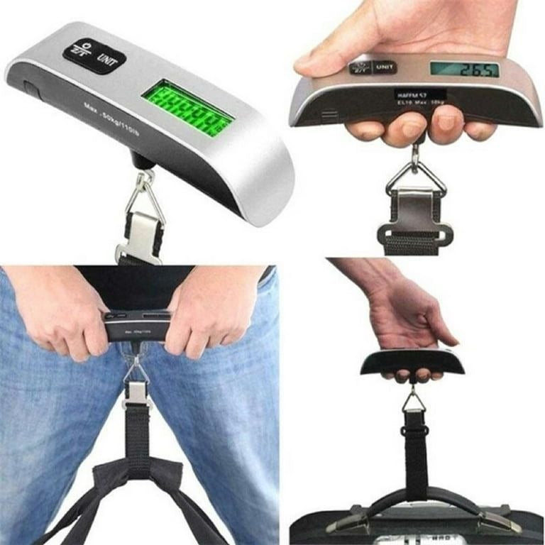 Portable digital luggage scale with LCD display, multi-unit conversion, compact handheld travel weight checker.
