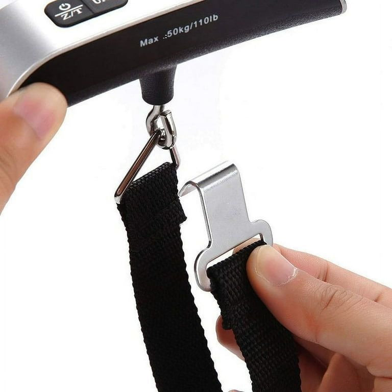 Portable digital luggage scale with LCD display, multi-unit conversion, compact handheld travel weight checker.