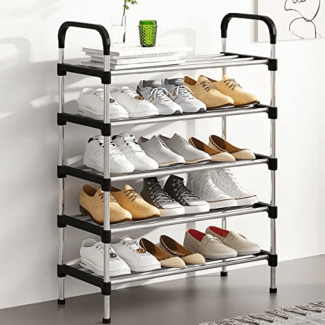 Premium 5-layer metal shoe rack, compact and sturdy, ideal for organized footwear storage at home or office.