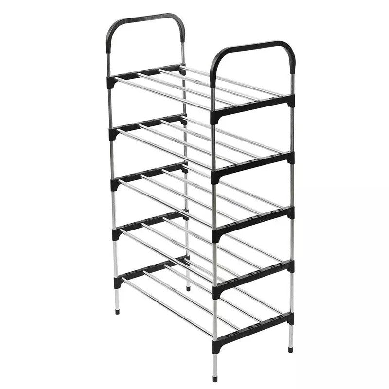 Premium 5-layer metal shoe rack, compact and sturdy, ideal for organized footwear storage at home or office.