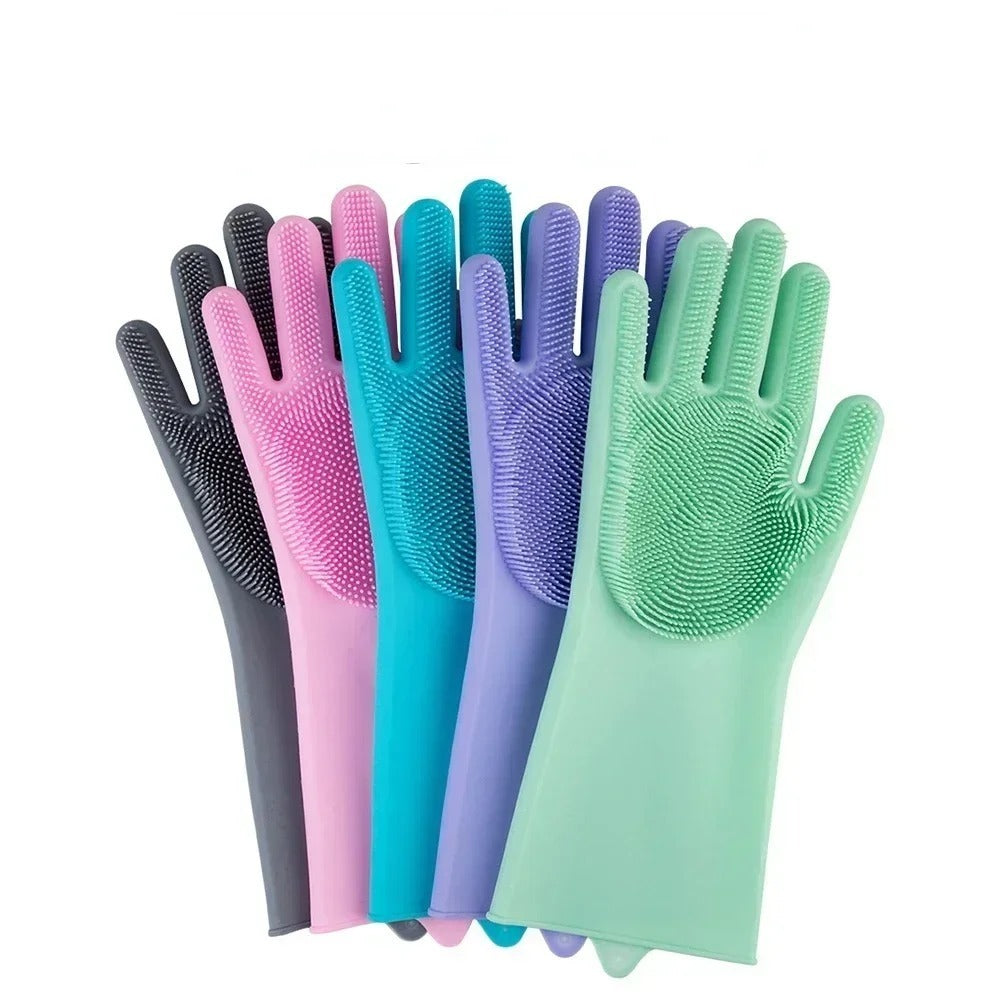 Silicone scrubber dishwashing gloves, reusable magic cleaning gloves for kitchen and home, comfortable and durable.