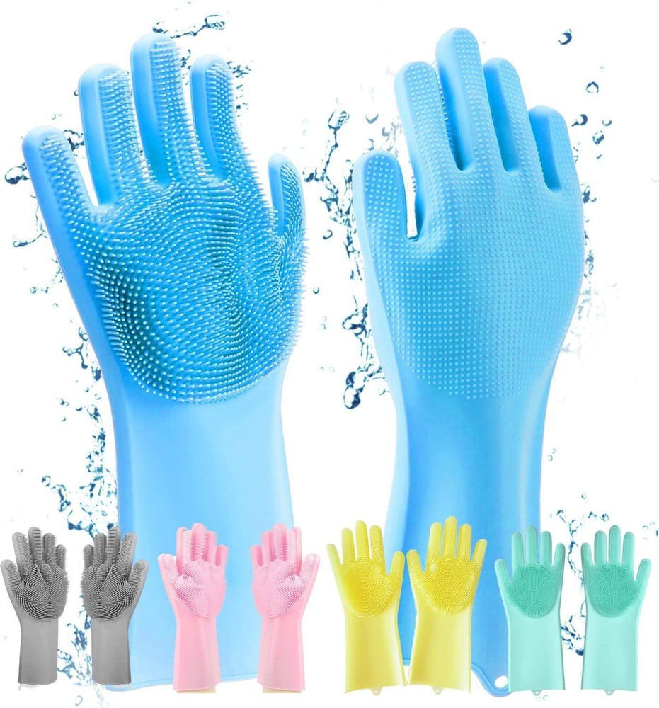 Silicone scrubber dishwashing gloves, reusable magic cleaning gloves for kitchen and home, comfortable and durable.