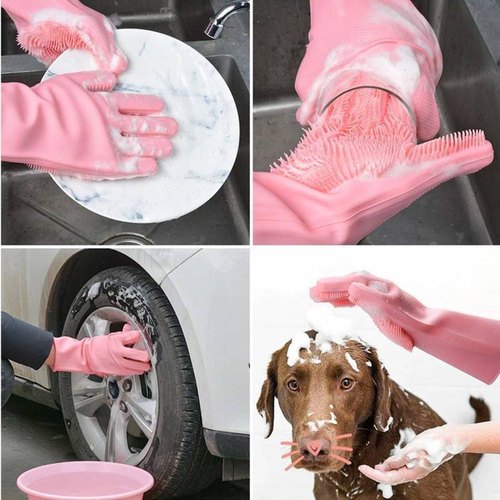 Silicone scrubber dishwashing gloves, reusable magic cleaning gloves for kitchen and home, comfortable and durable.