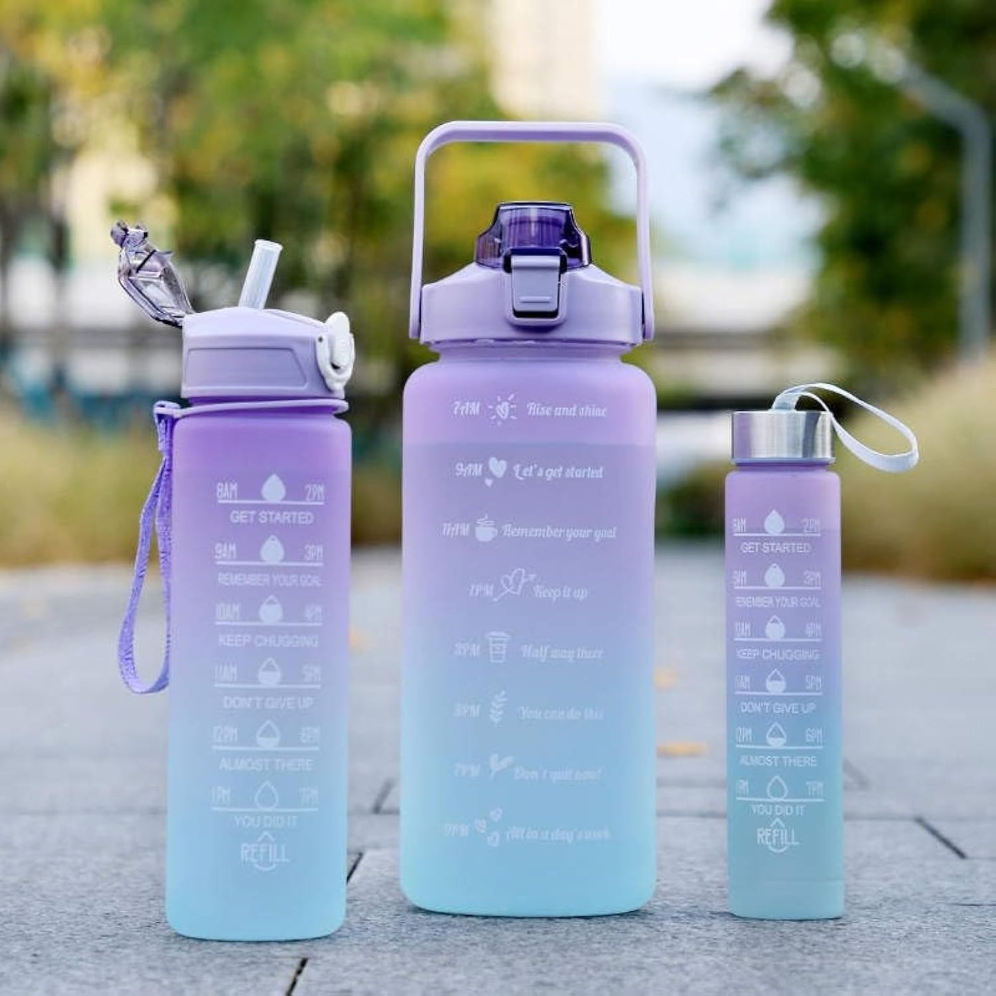 3-piece sports water bottle set with flip-top lids, leak-proof design, ideal for gym, travel, and daily hydration.