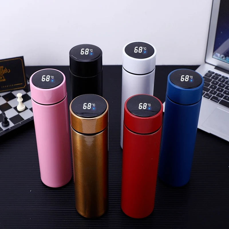 Smart stainless steel water bottle with LED temperature display, vacuum insulated for hot and cold drinks, portable durable.