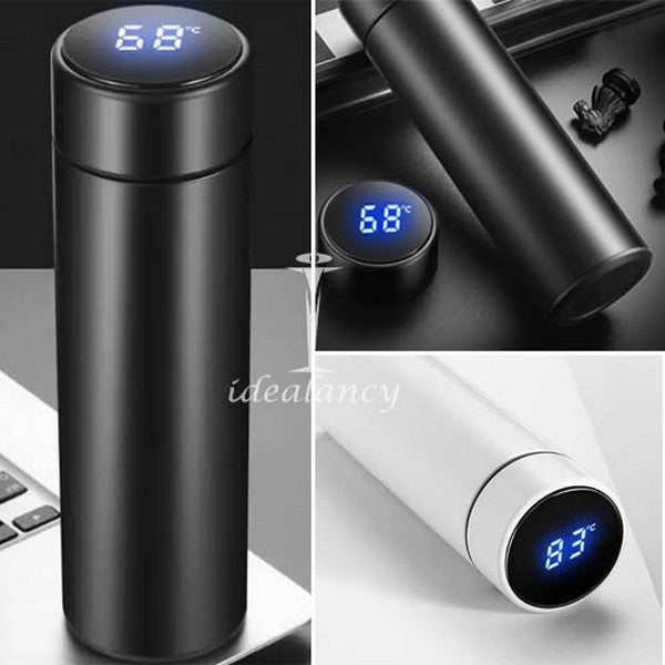 Smart stainless steel water bottle with LED temperature display, vacuum insulated for hot and cold drinks, portable durable.