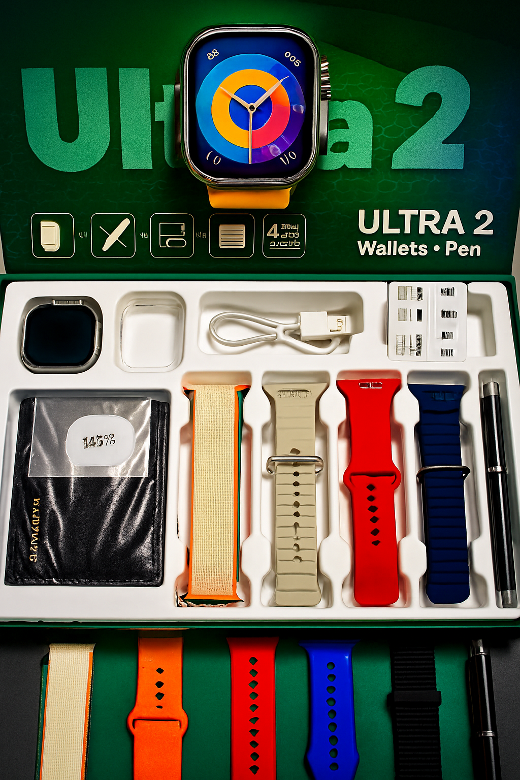 Ultra 2 Model S200 smartwatch with full touch HD display, 4 straps, wallet feature and protective cover for daily wear