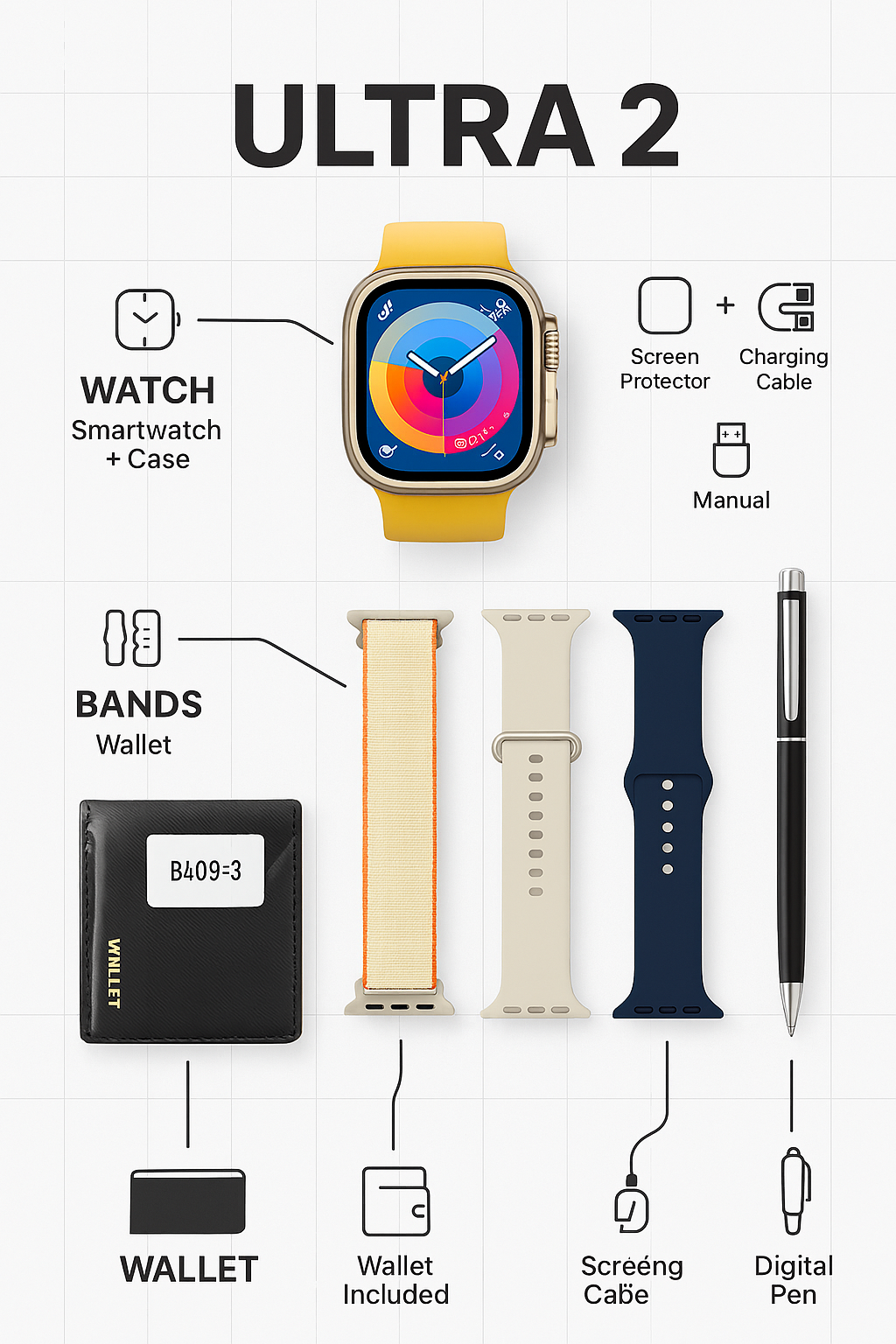 Ultra 2 Model S200 smartwatch with full touch HD display, 4 straps, wallet feature and protective cover for daily wear