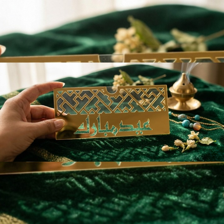Acrylic Eid Mubarak Eidi Envelope Box with festive prints, compact premium design, reusable cash gift holder for Eid