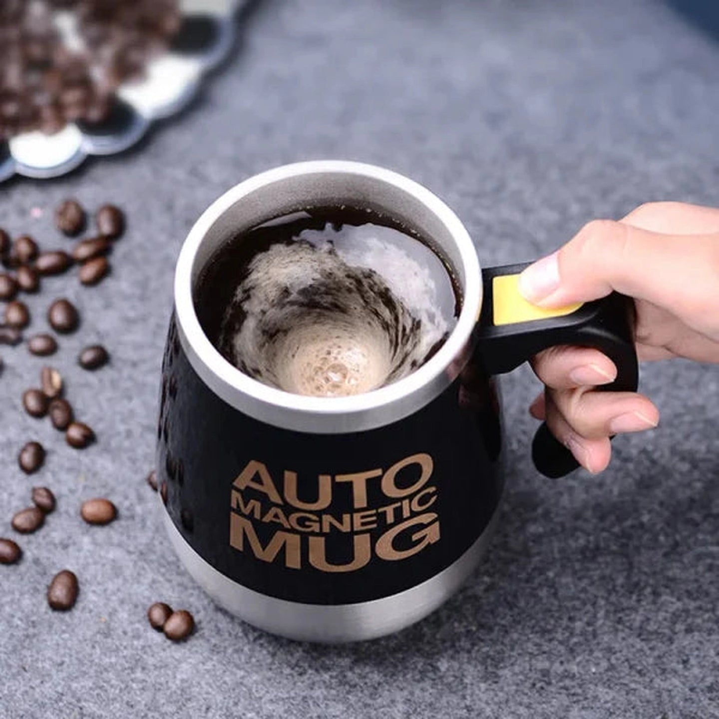 Automatic Self-Stirring Magnetic Mug - 400ml (Black) | Button Activated | Stainless Steel | Battery Operated for Home & Office
