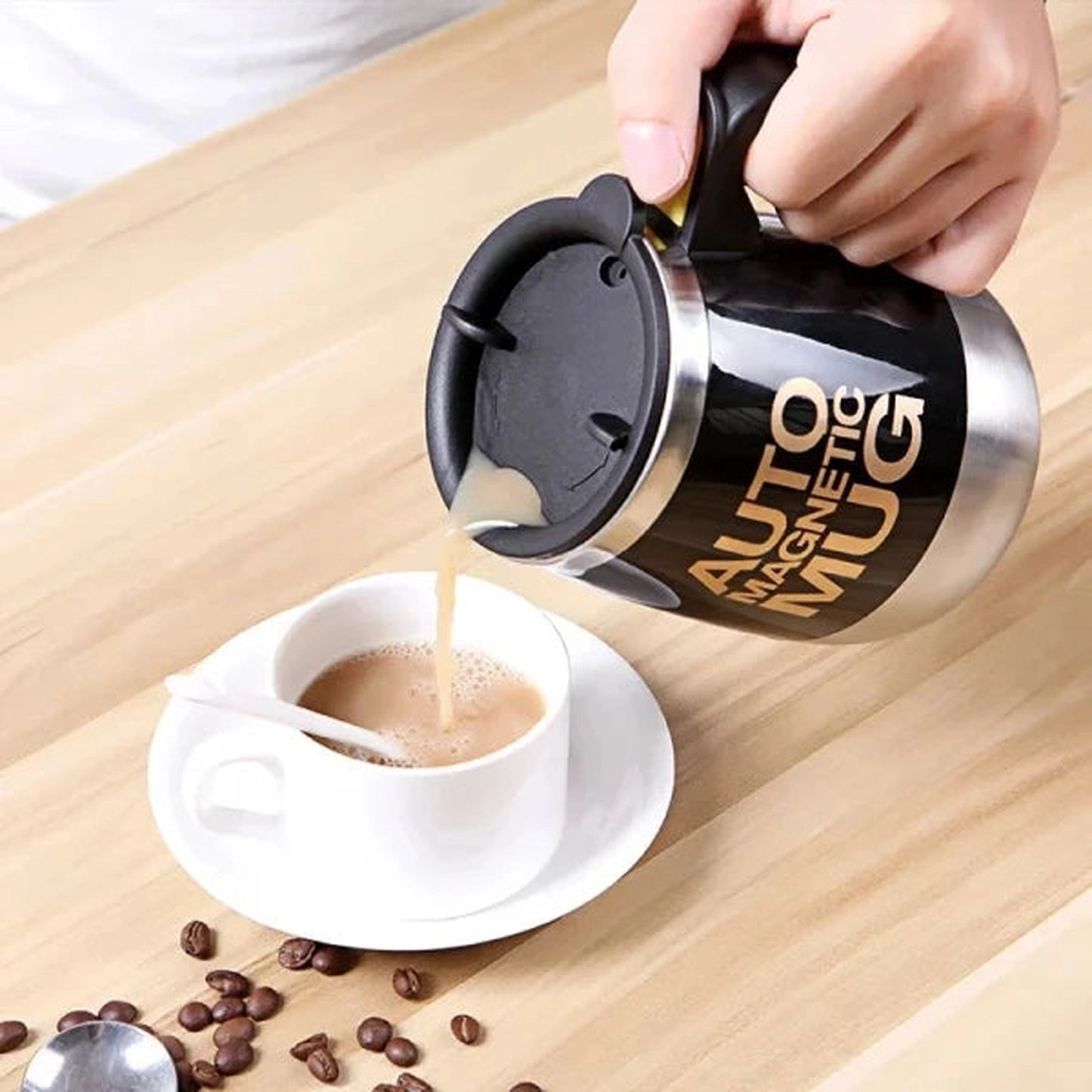 Automatic Self-Stirring Magnetic Mug - 400ml (Black) | Button Activated | Stainless Steel | Battery Operated for Home & Office