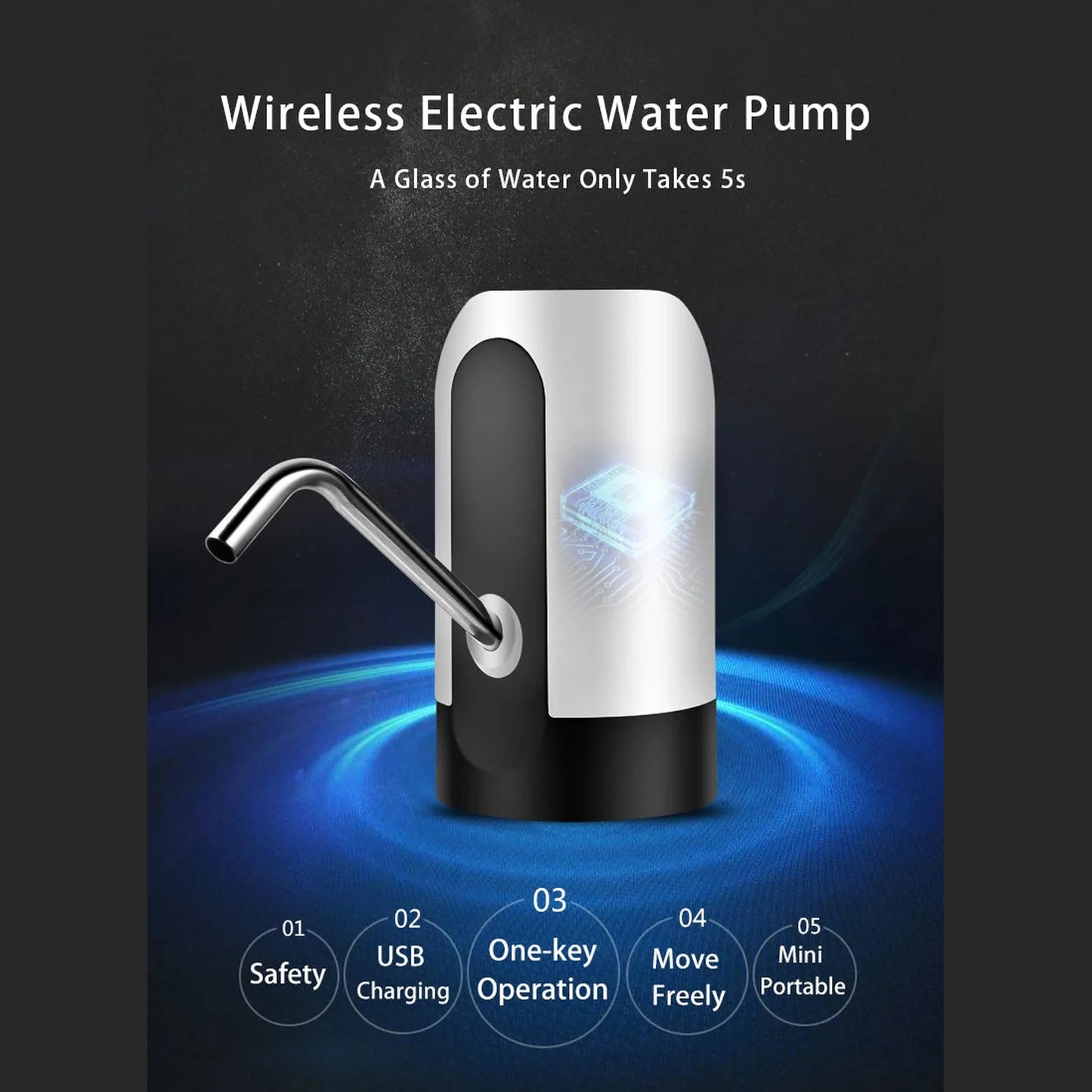 Automatic wireless water dispenser pump with electric suction for easy dispensing from large water bottles at home or office