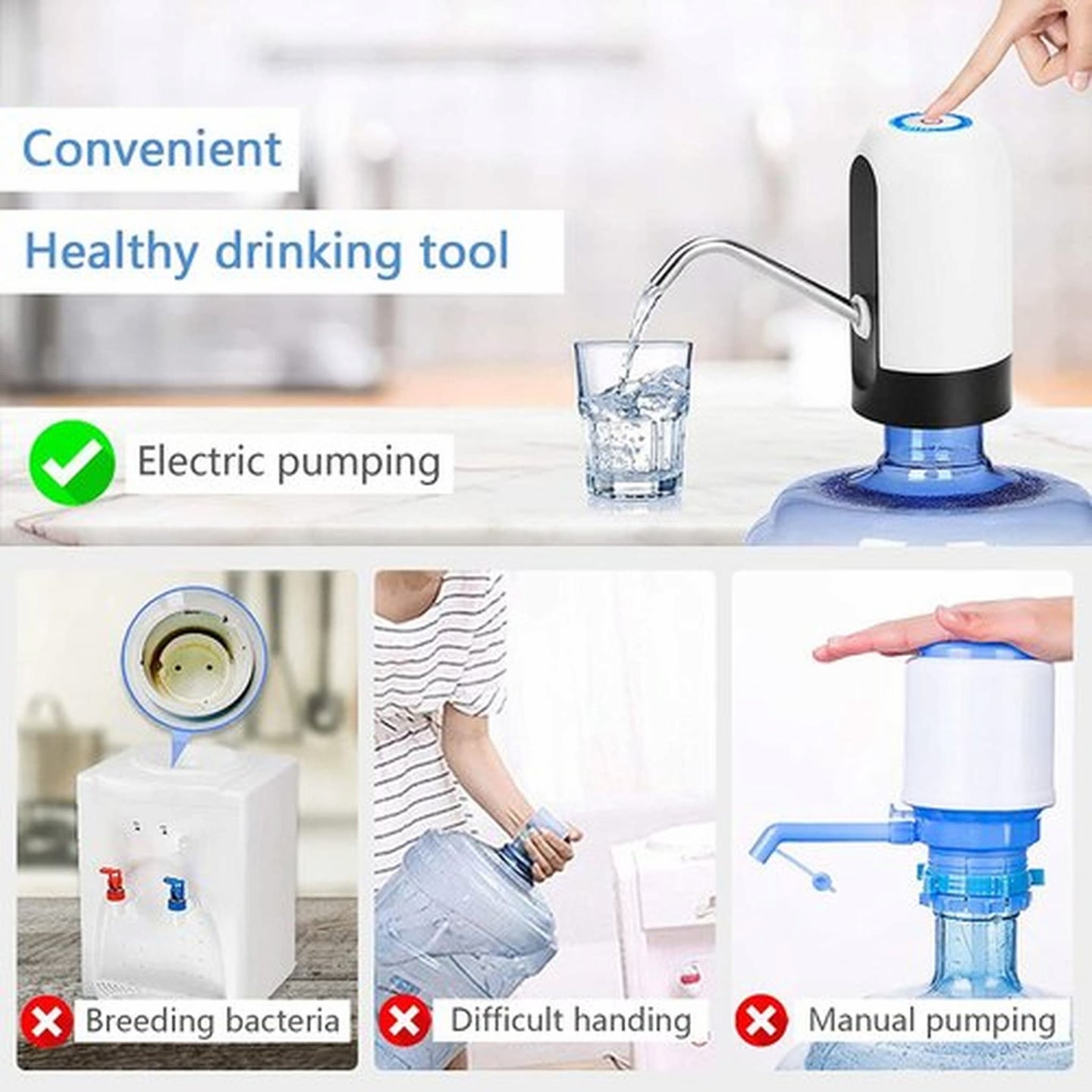 Automatic wireless water dispenser pump with electric suction for easy dispensing from large water bottles at home or office