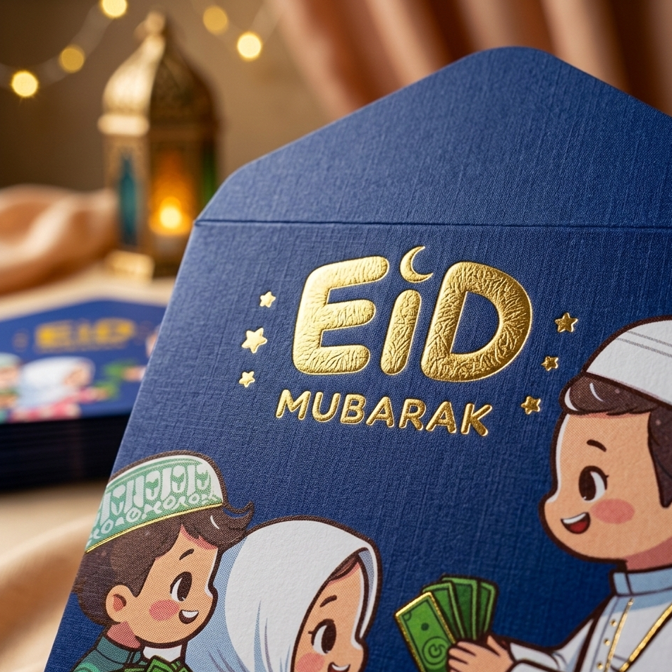 Pack of 8 Eidi envelopes with colorful festive Eid designs, premium paper cash gift envelopes perfect for Eid gifting to kids