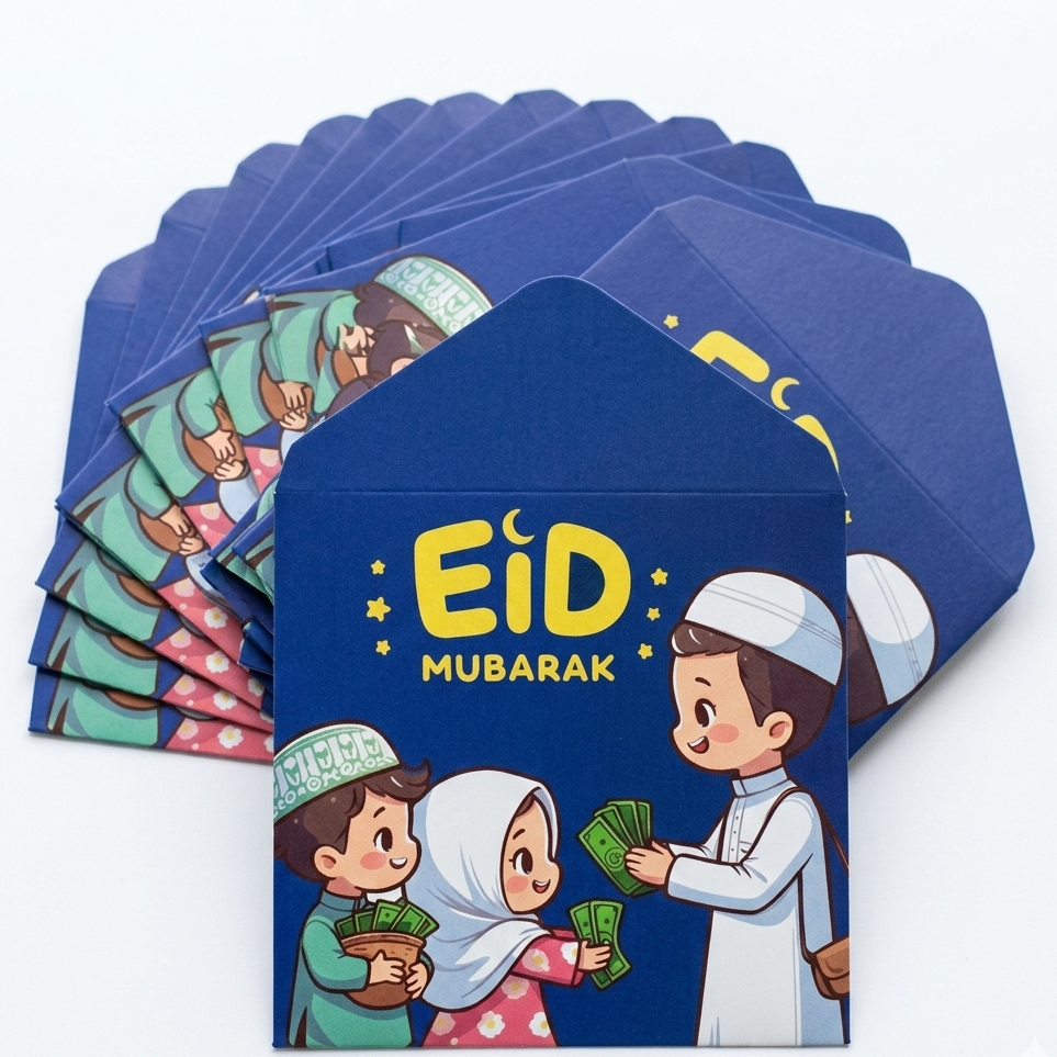 Pack of 8 Eidi envelopes with colorful festive Eid designs, premium paper cash gift envelopes perfect for Eid gifting to kids