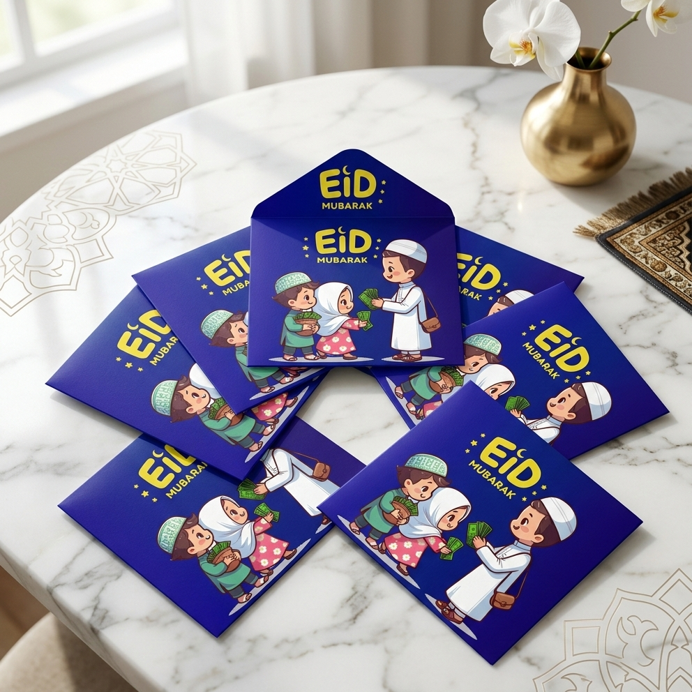 Pack of 8 Eidi envelopes with colorful festive Eid designs, premium paper cash gift envelopes perfect for Eid gifting to kids