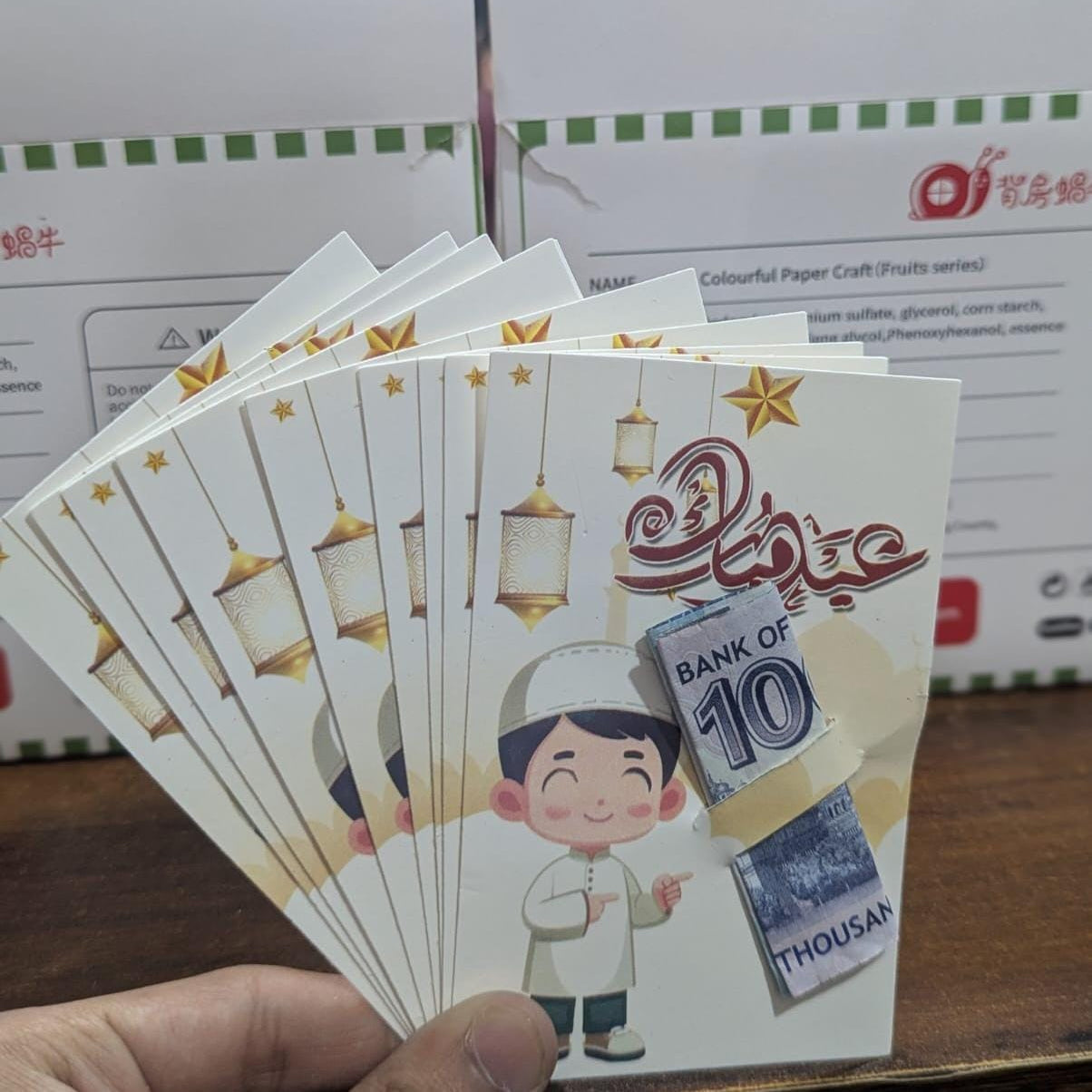 Pack of 10 Eidi cards with assorted festive Eid designs, compact 2.7x3.7 inch mini envelopes ideal for gifting cash on Eid