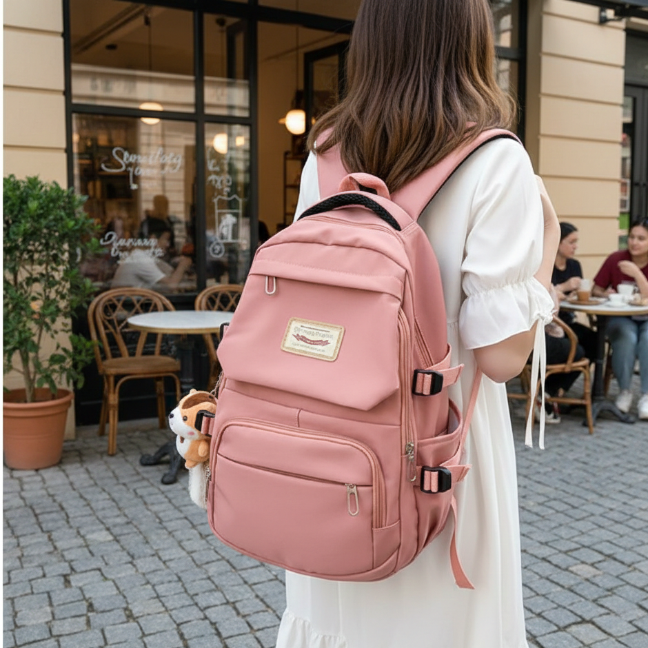 Korean style school backpack for girls with large capacity, durable nylon material, multiple compartments, ideal for laptop and daily use