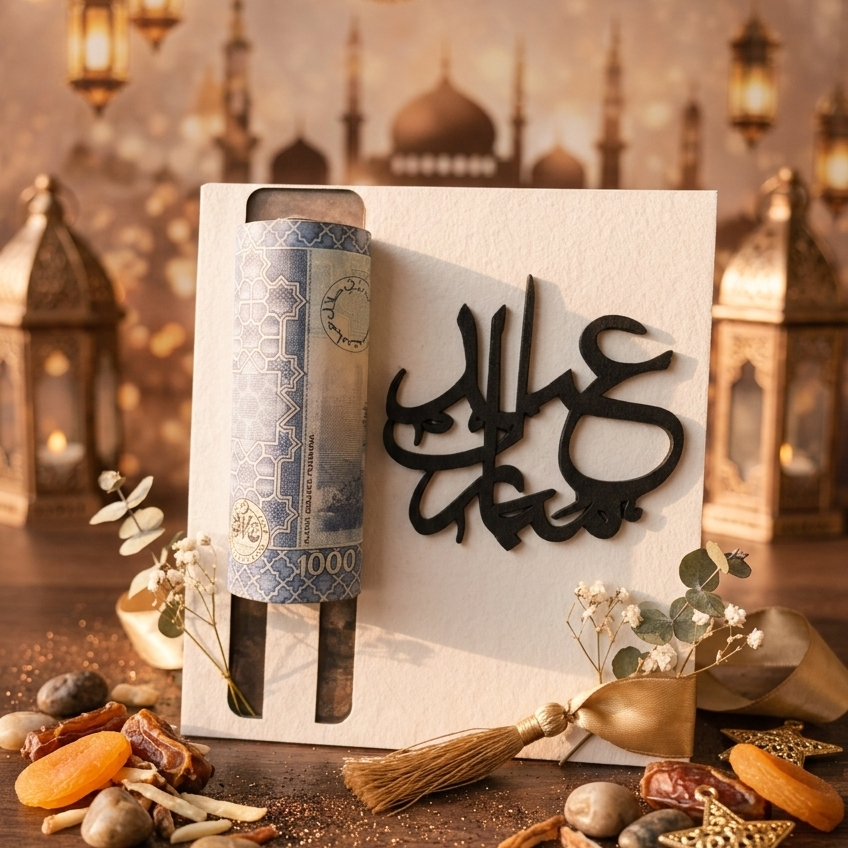 Premium wooden acrylic Eidi envelope 4x4 inch reusable Eid cash gift holder with elegant festive design in white and black variant