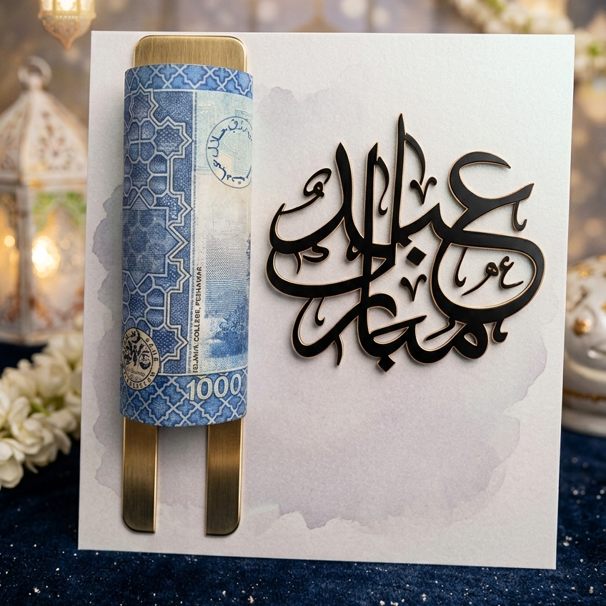 Premium wooden acrylic Eidi envelope 4x4 inch reusable Eid cash gift holder with elegant festive design in white and black variant