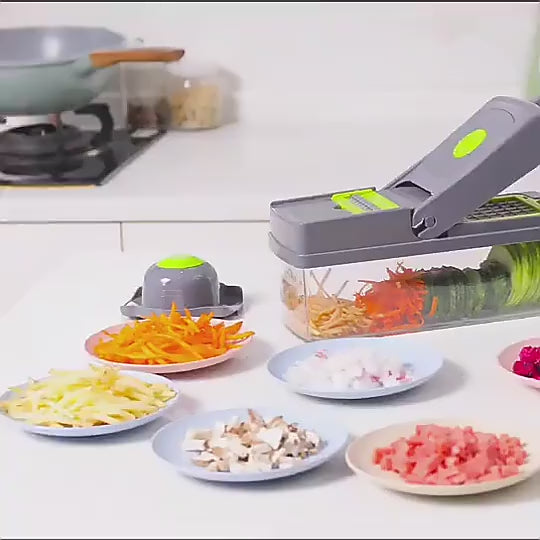 16-in-1 Multifunction Vegetable Chopper Ð sharp stainless steel blades, colander, and storage container for easy food prep